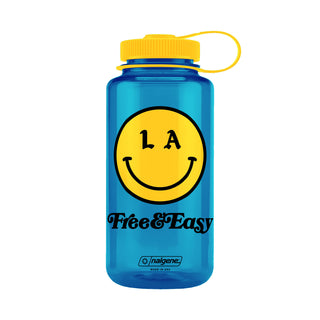 Be Happy 32oz Wide Mouth blue Nalgene with yellow and black LA smiley face Free & Easy logo on white background - Free & Easy