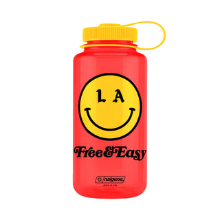 Be Happy 32oz Wide Mouth red Nalgene with yellow and black LA smiley face Free & Easy logo on white background - Free & Easy