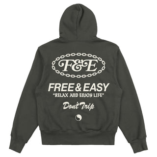 Chain heavy fleece hoodie in vintage black with a white graphic on a white background -Free & Easy