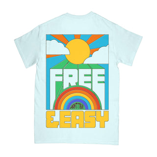 Free & Easy light blue tee shirt with a rainbow design on a white background