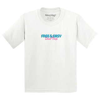 Ripple kids short sleeve tee in white with a pink and blue graphic on a white background -Free & Easy