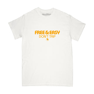 Free & Easy white tee shirt with a pink, orange, and yellow design on a white background