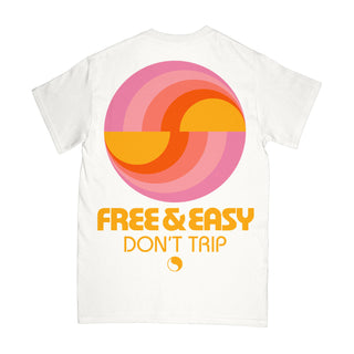 Free & Easy white tee shirt with a pink, orange, and yellow design on a white background