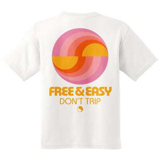 Golden light kids short sleeve tee in white with a pink, orange, and yellow graphic on a white background -Free & Easy