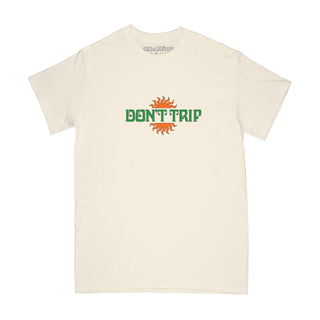 Free & Easy tan tee shirt with an orange and green design on a white background