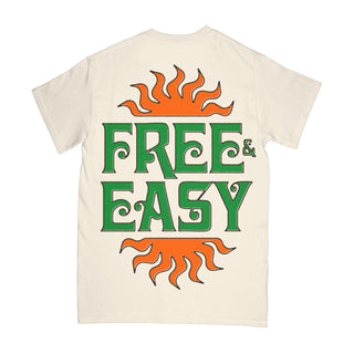 Free & Easy tan tee shirt with an orange and green design on a white background