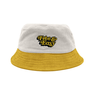 Free & Easy embroidered on white corduroy yellow brim bucket hat with yellow and black logo on white background, back - Free & Easy