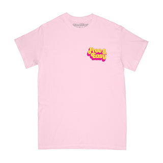 Double Bubble short sleeve tee in pale pink with a pink and yellow graphic on a white background -Free & Easy