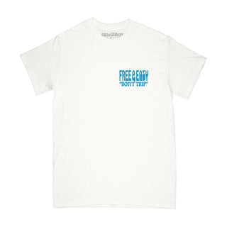 Free & Easy tee shirt with a blue design on a white background