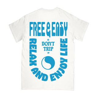 Free & Easy tee shirt with a blue design on a white background