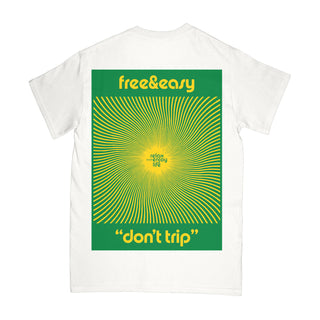 Free & Easy white tee shirt with a green and yellow design on a white background