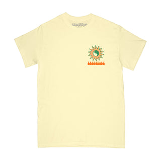 Free & Easy yellow tee shirt with an orange and green design on a white background