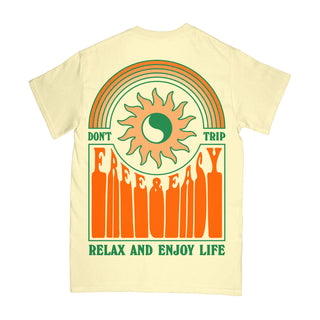 Free & Easy yellow tee shirt with an orange and green design on a white background