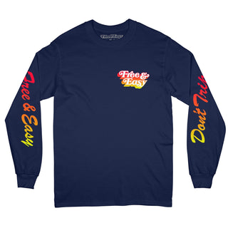 Don't Trip Drop Shadow LS Tee in navy with multicolor Don't Trip design on a white background-Free & Easy