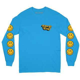 Be Happy LA long sleeve tee in blue with a yellow and black graphic on a white background -Free & Easy