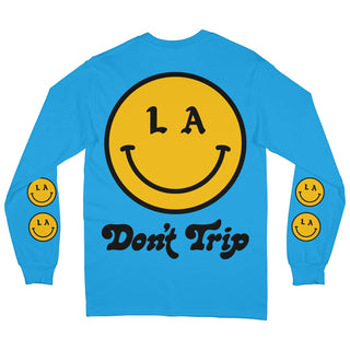 Be Happy LA long sleeve tee in blue with a yellow and black graphic on a white background -Free & Easy