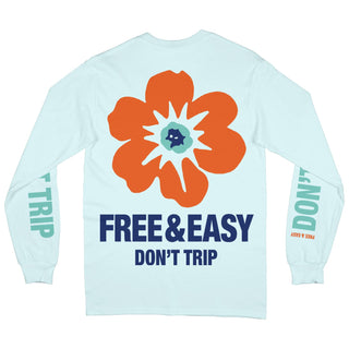 Island Flower long sleeve tee in aqua with an orange and blue graphic on a white background -Free & Easy