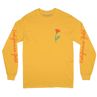 Poppy long sleeve tee in yellow with a teal and orange graphic on a white background -Free & Easy