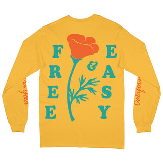 Poppy long sleeve tee in yellow with a teal and orange graphic on a white background -Free & Easy