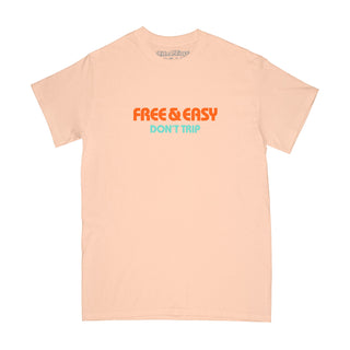 Free & Easy peach tee shirt with an orange and blue design on a white background