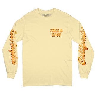 Chromed Out Long Sleeve Tee in Light Yellow with a yellow and orange graphic on a white background - Free & Easy