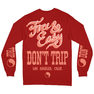 Lasso long sleeve tee in red with a white and pink graphic on a white background -Free & Easy