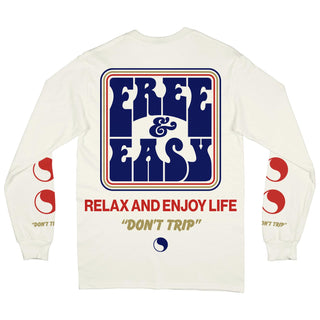 Americana Long Sleeve Tee in cream with a navy, red, and gold design on a white background -Free & Easy