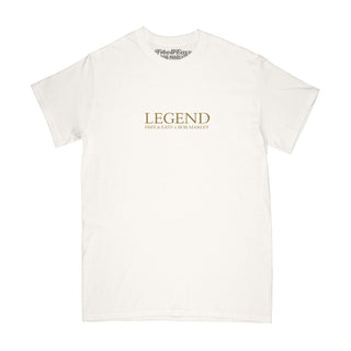 Free & Easy Bob Marley white tee shirt with a gold design on a white background