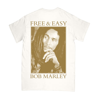 Free & Easy Bob Marley white tee shirt with a gold design on a white background