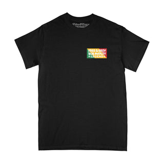 Free & Easy Bob Marley black tee shirt with a white, red, yellow, and green design on a white background