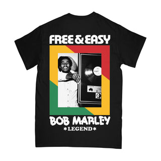 Free & Easy Bob Marley black tee shirt with a white, red, yellow, and green design on a white background