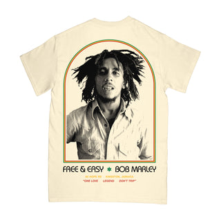 Bob Marley Roots short sleeve tee in pale yellow with a black, red, yellow, and green graphic on a white background -Free & Easy