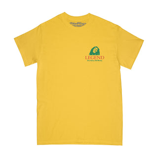 Free & Easy Bob Marley yellow tee shirt with red and green design on a white background