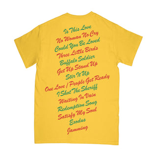 Free & Easy Bob Marley yellow tee shirt with red and green design on a white background