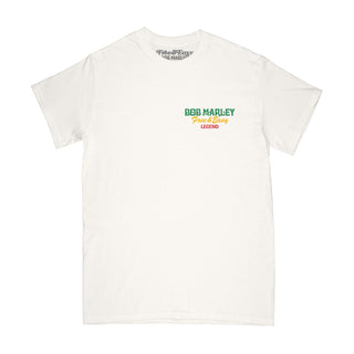 Bob Marley Rasta short sleeve tee in white with a green, yellow, and red graphic on a white background -Free & Easy