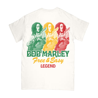 Bob Marley Rasta short sleeve tee in white with a green, yellow, and red graphic on a white background -Free & Easy