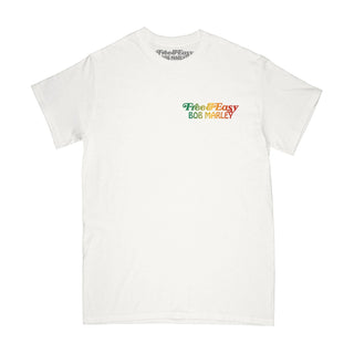 Free & Easy Bob Marley white tee shirt with green, yellow, red gradient design on a white background