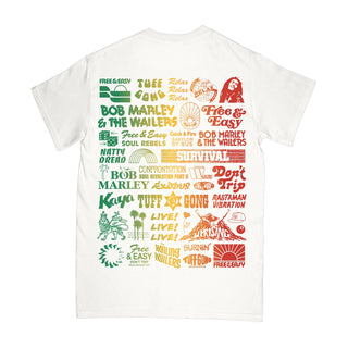 Free & Easy Bob Marley white tee shirt with green, yellow, red gradient design on a white background