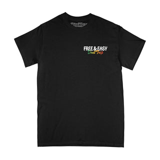 Bob Marley Natty Dread short sleeve tee in black with a white, red, yellow, and green graphic on a white background -Free & Easy