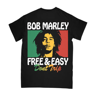 Bob Marley Natty Dread short sleeve tee in black with a white, red, yellow, and green graphic on a white background -Free & Easy