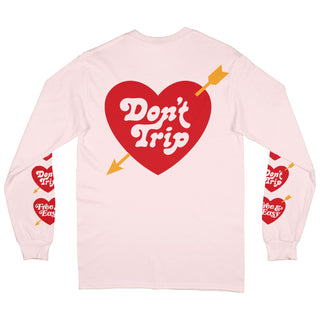 Heart & Arrow long sleeve tee in pale pink with red and gold heart design on a white background -Free & Easy