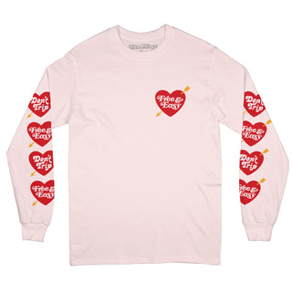 Heart & Arrow long sleeve tee in pale pink with red and gold heart design on a white background -Free & Easy