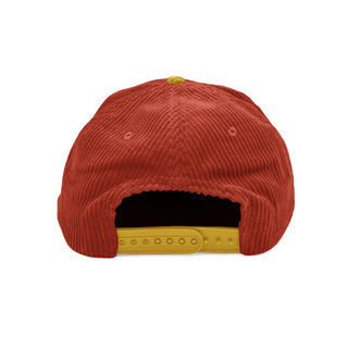 Don't Trip red and yellow corduroy hat with white embroidered Don't Trip logo on a white background, back - Free & Easy