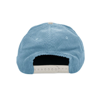 Don't Trip blue and white corduroy hat with white embroidered Don't Trip logo on a white background, back - Free & Easy