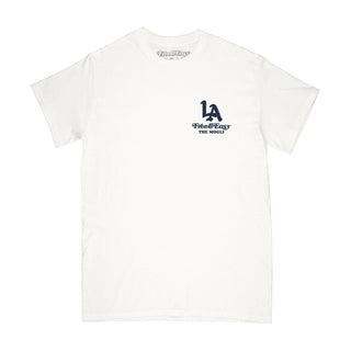 LAFD short sleeve tee in white with a navy Los Angeles fire department graphic on a white background -Free & Easy