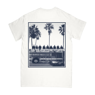 LAFD short sleeve tee in white with a navy Los Angeles fire department graphic on a white background -Free & Easy