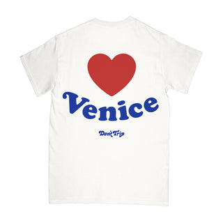 Venice heart short sleeve tee in white with a red and blue graphic on a white background -Free & Easy