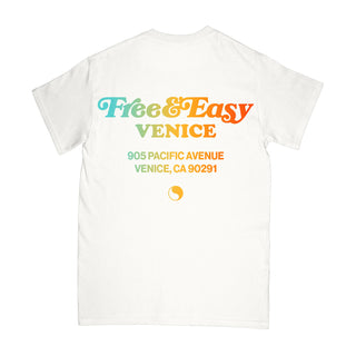 Venice Shop Short sleeve Pocket Tee in white with multicolor graphic design on a white background -Free & Easy