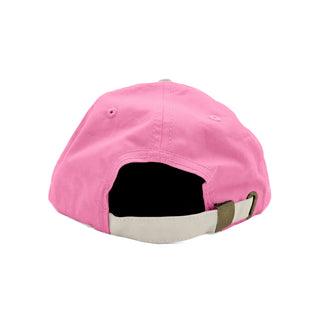 Don't Trip pink hat white brim with white embroidered Don't Trip logo on white background, back - Free & Easy