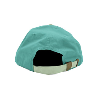 Don't Trip teal and mint lightweight hat with white embroidered Don't Trip logo on white background, back - Free & Easy